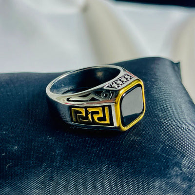 Black Stone & Golden Accent Athenian Legacy Silver Ring