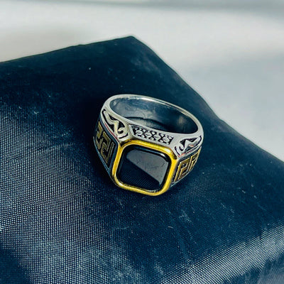 Black Stone & Golden Accent Athenian Legacy Silver Ring