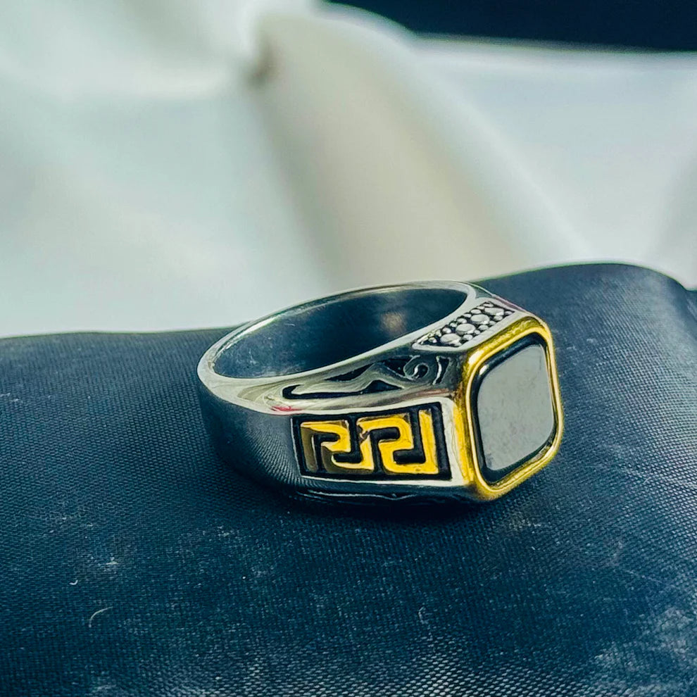 Black Stone & Golden Accent Athenian Legacy Silver Ring