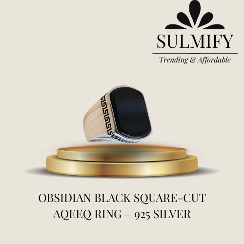 Obsidian Black Square-Cut Aqeeq Ring – 925 Silver